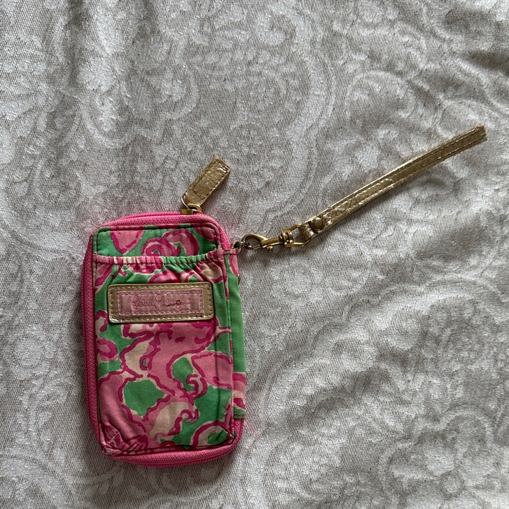 Lilly Pulitzer Pink and Green Floral Wristlet with Gold Trim
